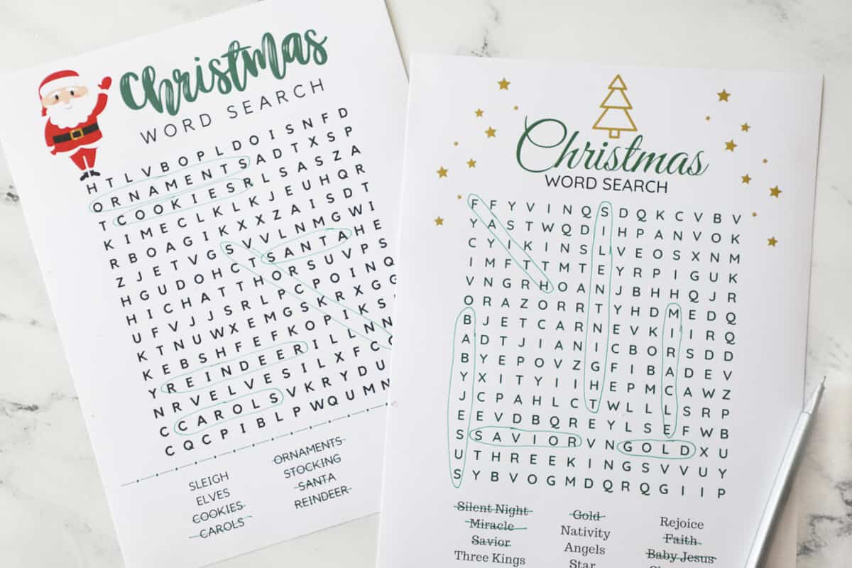 Christmas word search puzzles with answers circled