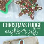 Christmas fudge neighbor gift in a cookie cutter with clear bag and gold ribbon, bottom photo is fudge inside cookie cutters on a cookie sheet