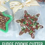 Christmas fudge neighbor gift in a cookie cutter with clear bag and gold ribbon