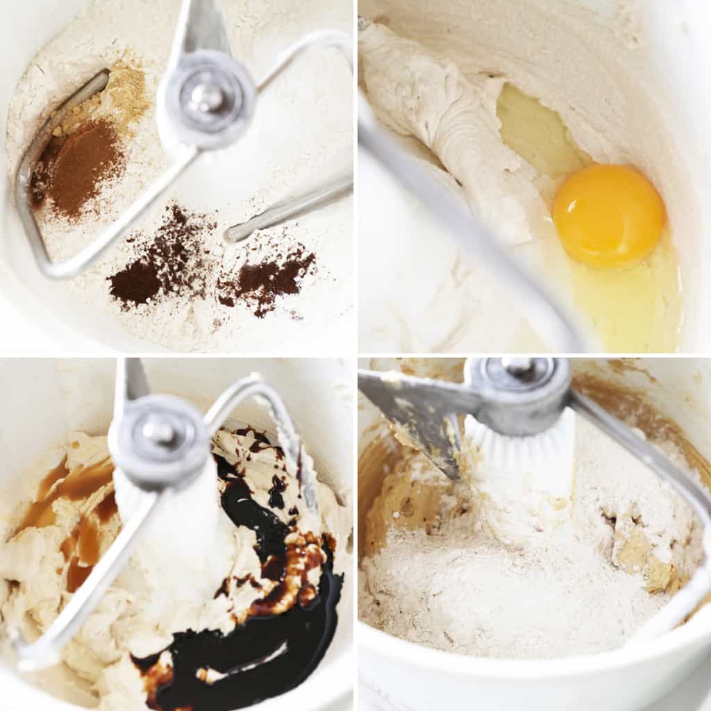 four step by step photos in a collage showing how to make ginger snap cookie dough