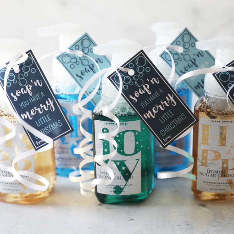 five bottles of Christmas soap with soap gift tags