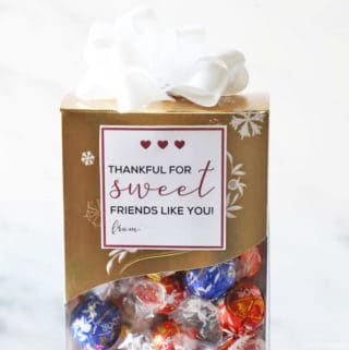 chocolates with gift tag that says "thankful for sweet friends like you."