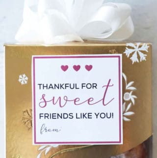 gift tag that says 'thankful for sweet friends like you' with pink hearts on it