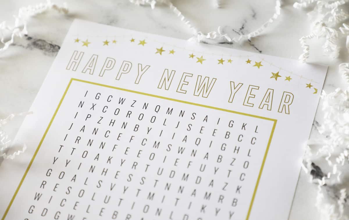 overhead view of a New Years word search