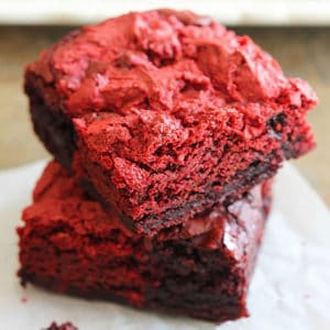 Red Velvet brownies stacked on top of each other