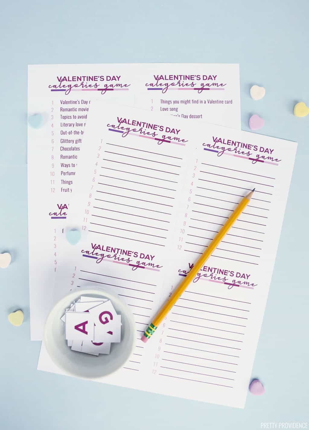 Valentines Day scattergories with alphabet letters in a small bowl and a sharp pencil