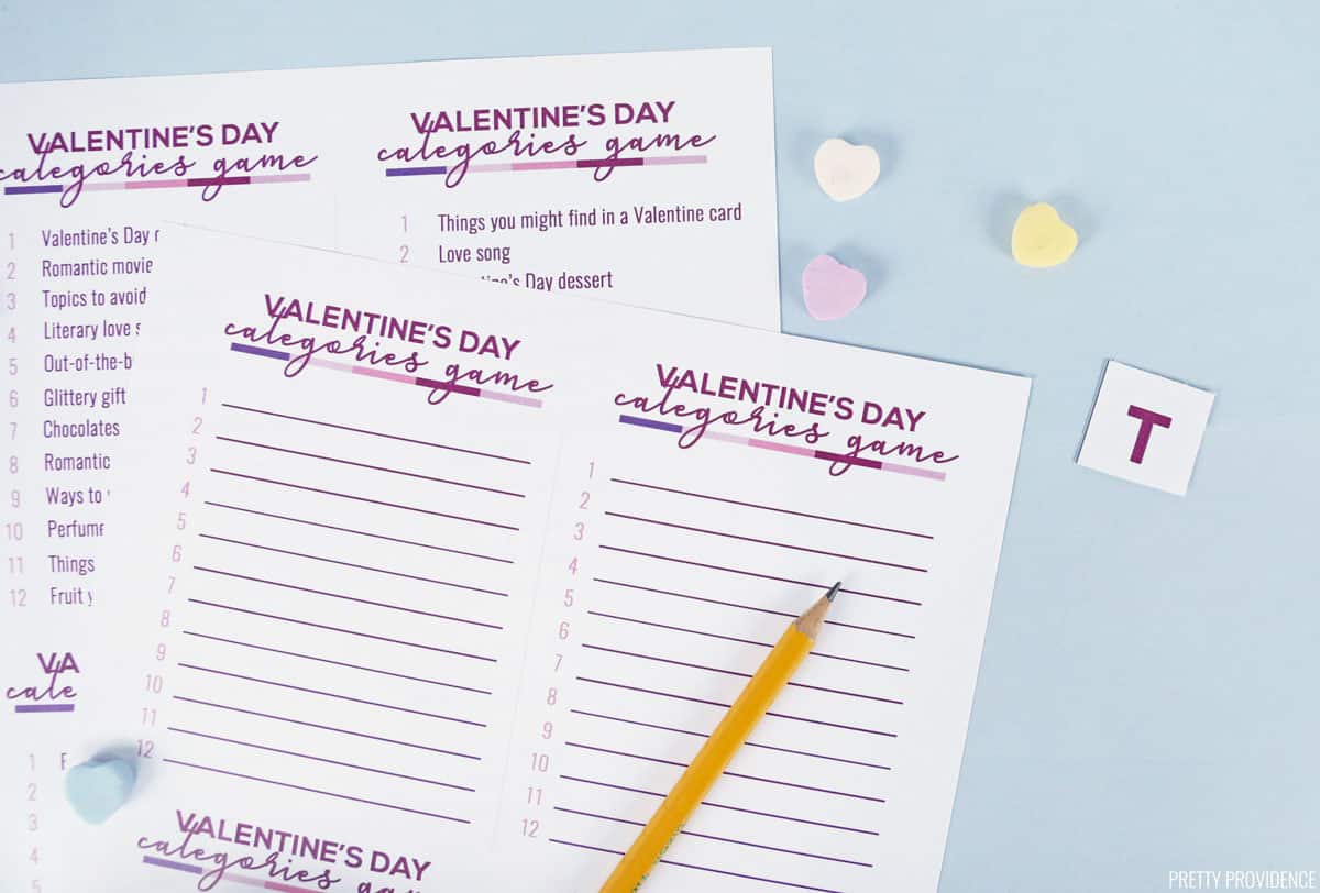 Valentines Day scattergories lists with a pencil and candy hearts