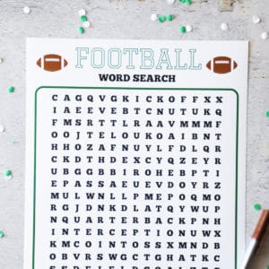 birds eye view of a football themed word search surrounded by confetti