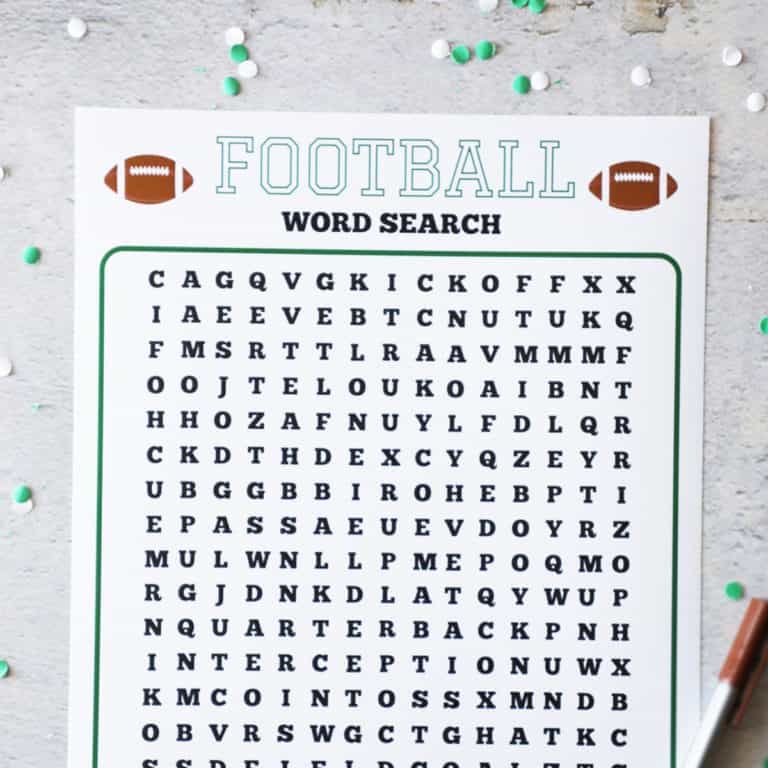birds eye view of a football themed word search surrounded by confetti