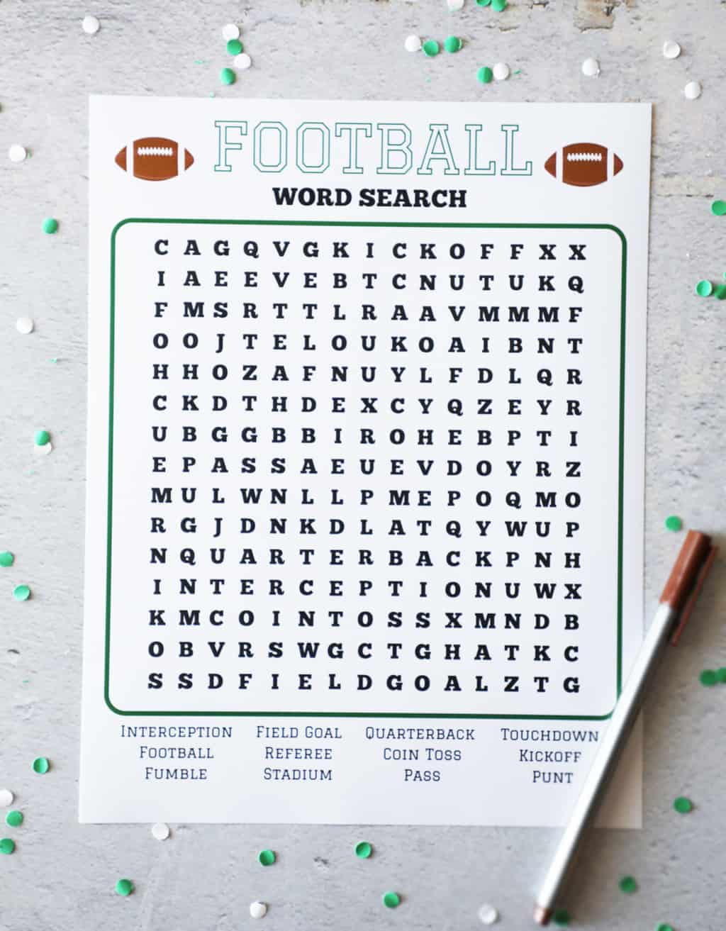 A blank just printed football word search for kids