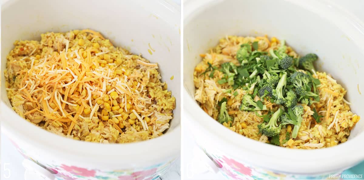 slow cooker chicken and rice meal in slow cooker side by side photos