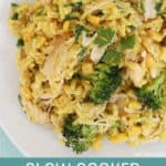 Slow cooker chicken and rice with melty cheese and broccoli on a white plate