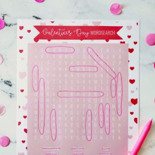 pink valentines day word search on a quartz countertop