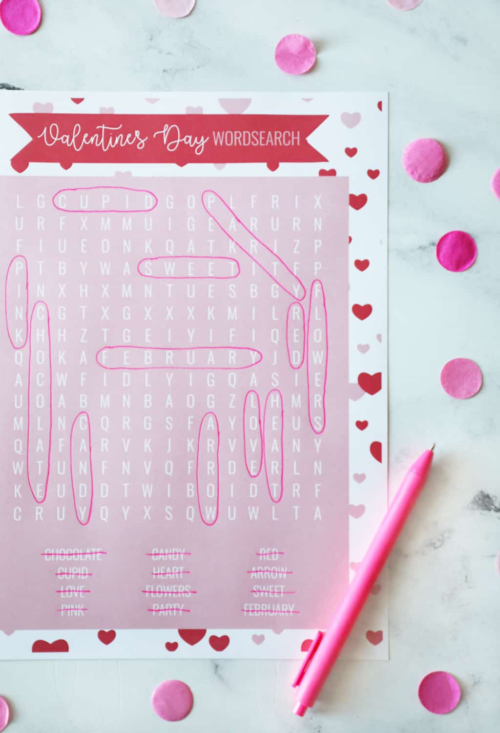 right half of a Valentine's Day free printable word search