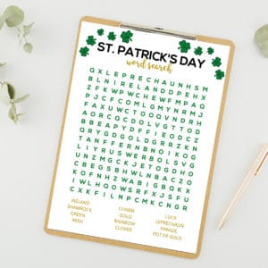 St. Patrick's Day word search styled on a clipboard