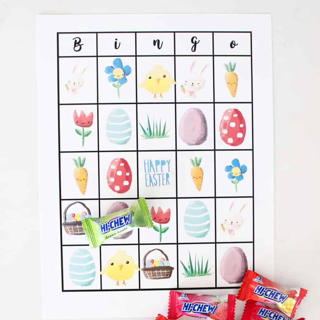 printable Easter Bingo Card with High Chew on it