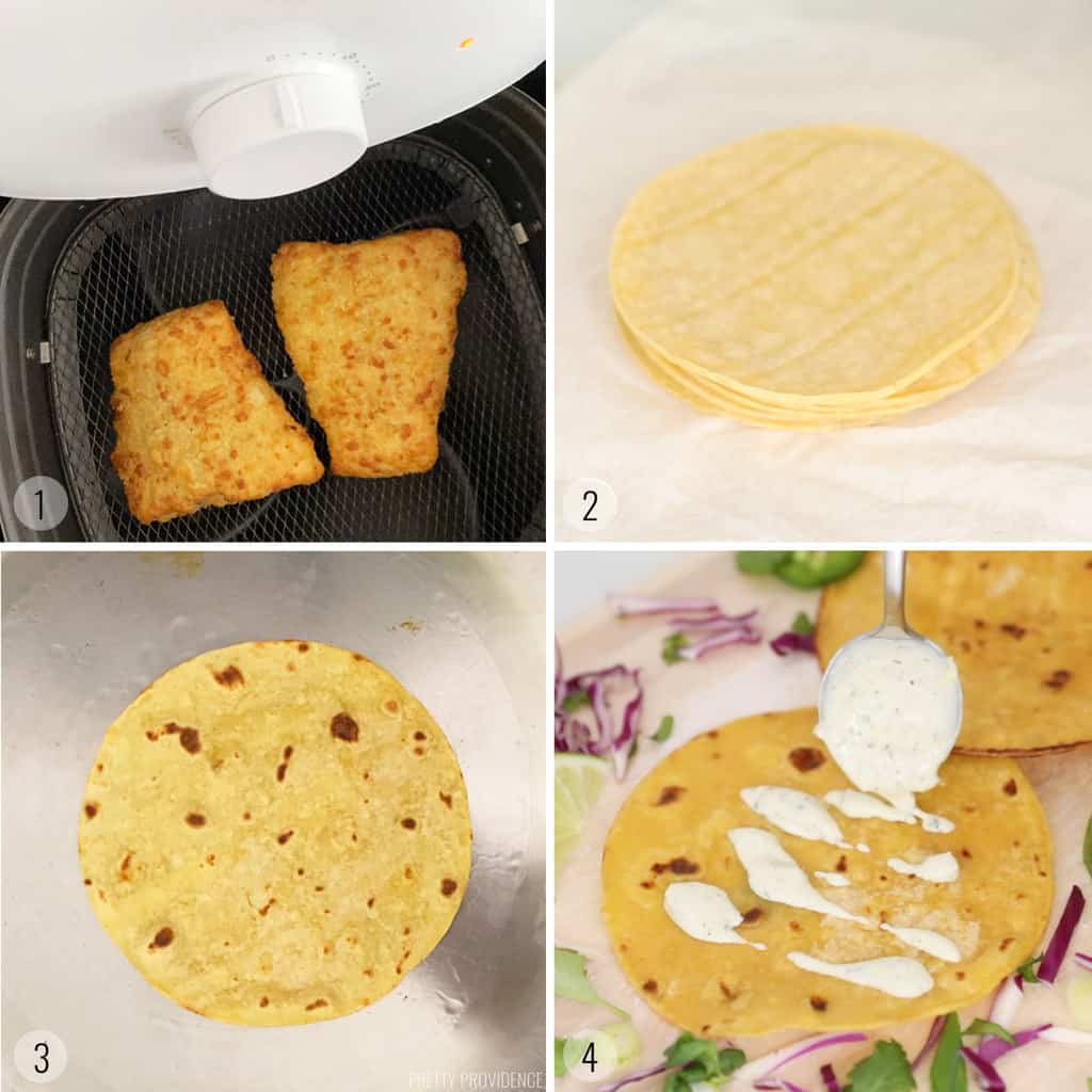 Collage: breaded cod in an air fryer, steamed tortillas on paper towels, fried corn tortilla on frying pan, and corn tortilla being topped with jalapeño ranch 