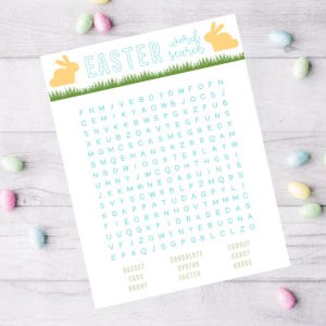 easter word search surrounded by mini Cadbury eggs