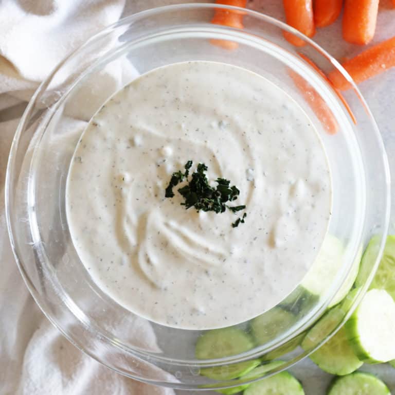 birds eye view of a glass bowl of homemade ranch