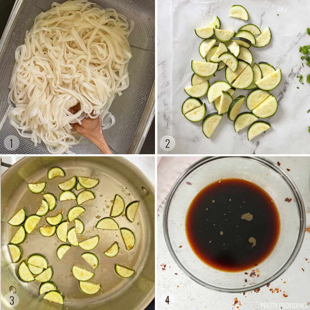 collage: rice noodles being rinsed in a strainer, cucumber slices cooking with garlic, a bowl of spicy sriracha, brown sugar and tamari sauce