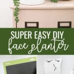 DIY face planter with plant tendrils that look like hair, and below it a collage of how to make the vinyl decal for the planter