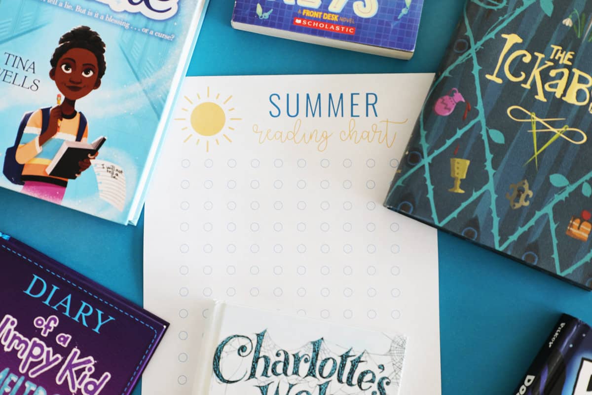 A free printable summer reading chart with kids books surrounding it on a blue backdrop.
