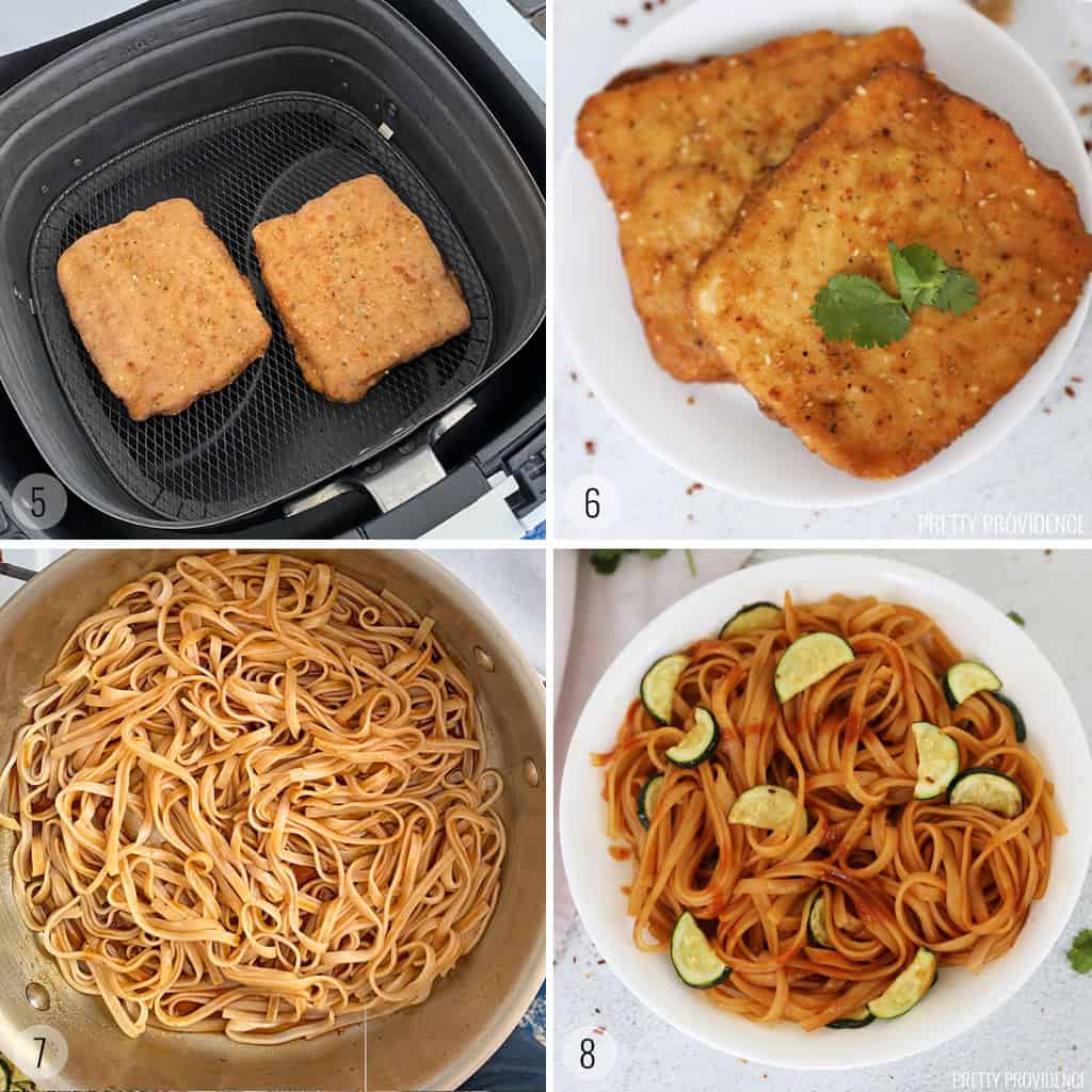 collage, top left: salmon in air-fryer basket, top right: air fryer salmon on a plate, bottom left: spicy asian noodles in frying pan, bottom right: spicy noodles with zucchini in a white bowl
