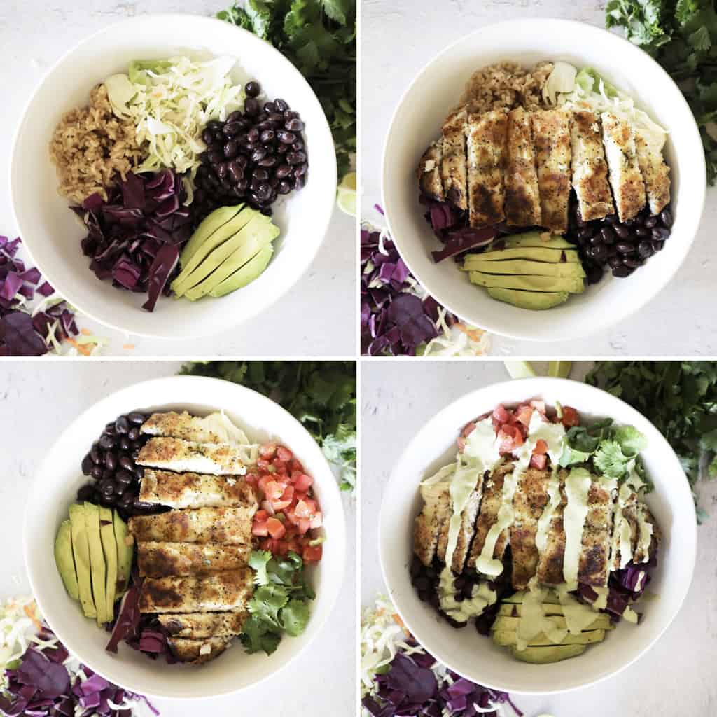 four images in a collage showing the steps to make fish taco bowls