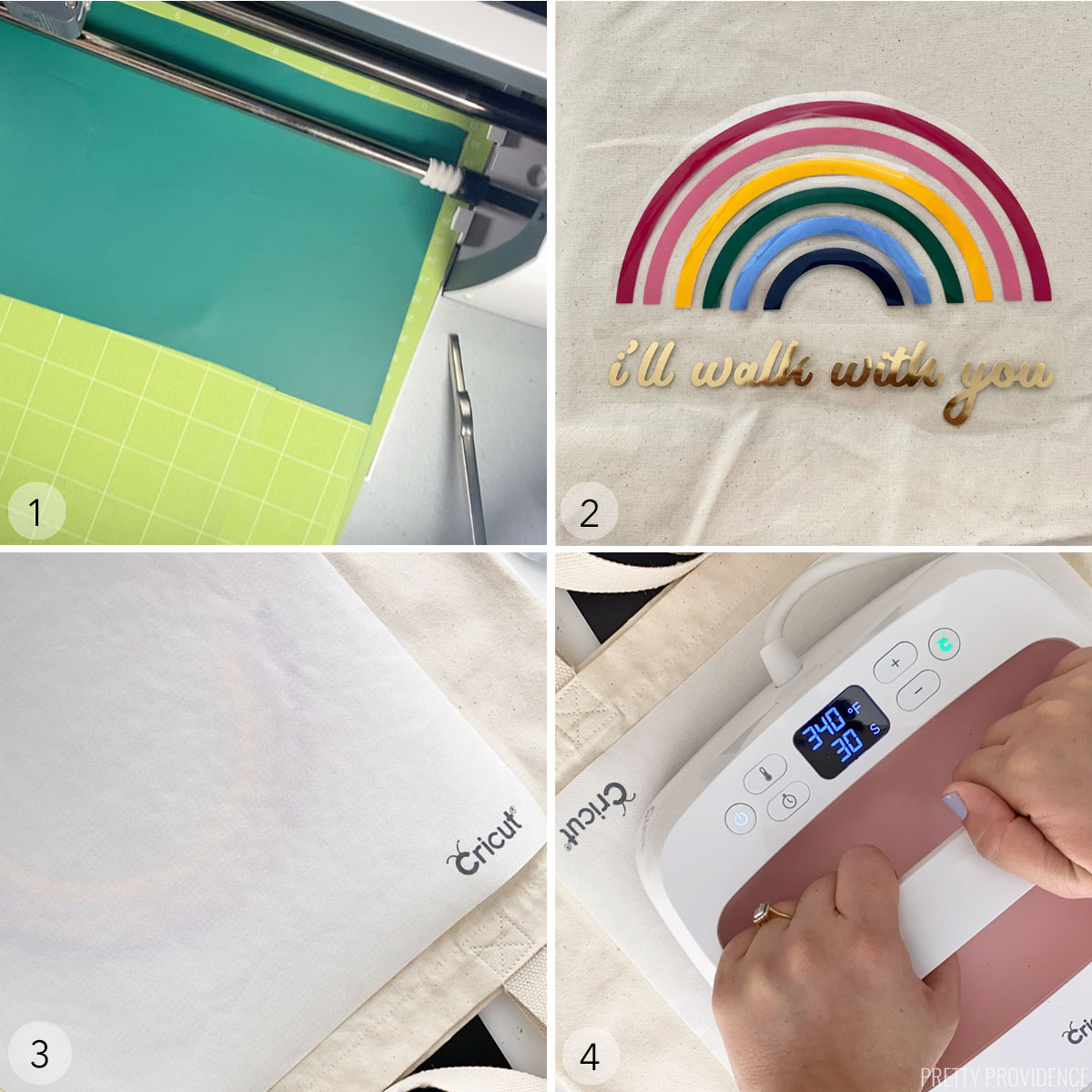 Collage: cutting cricut iron-on vinyl with cricut maker, rainbow of vinyl on a canvas tote bag, ironing on vinyl with cricut easypress 2