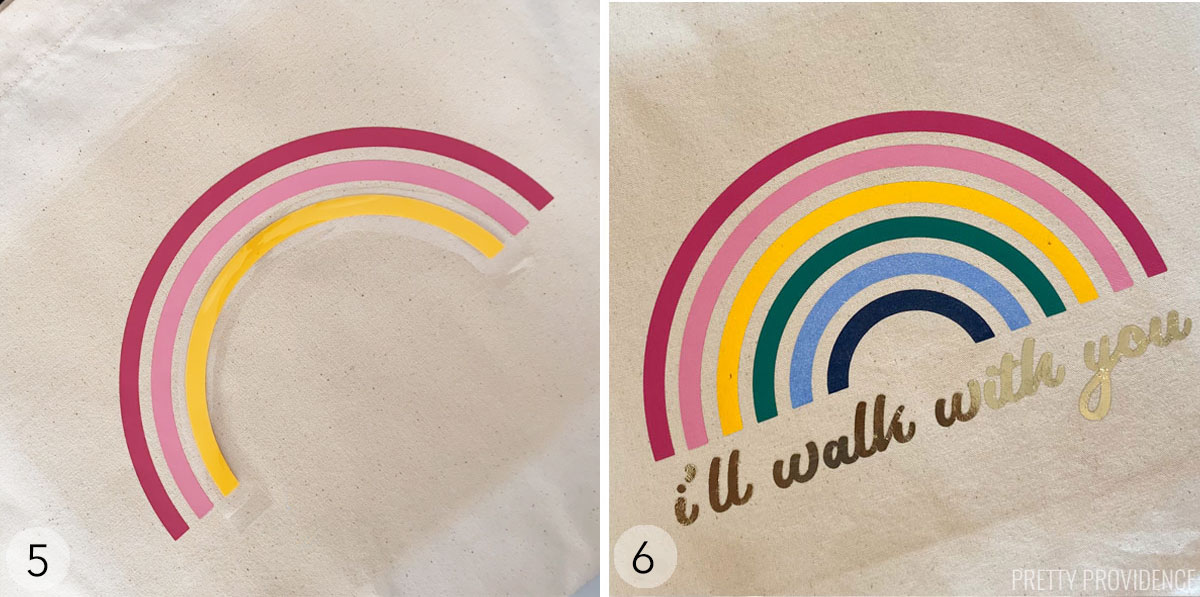 Rainbow iron-on on a canvas tote bag