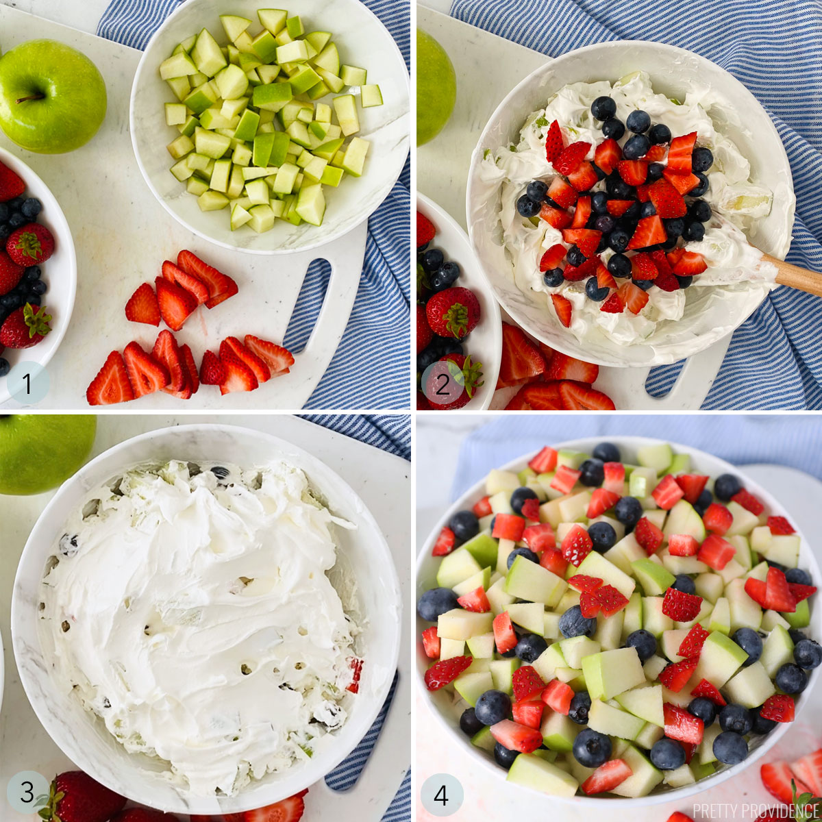Step by step for making fruit salad with Cool Whip, granny smith apples, strawberries and blueberries