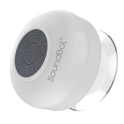 white soundbot shower speaker with gray interface on front and suction cup on back