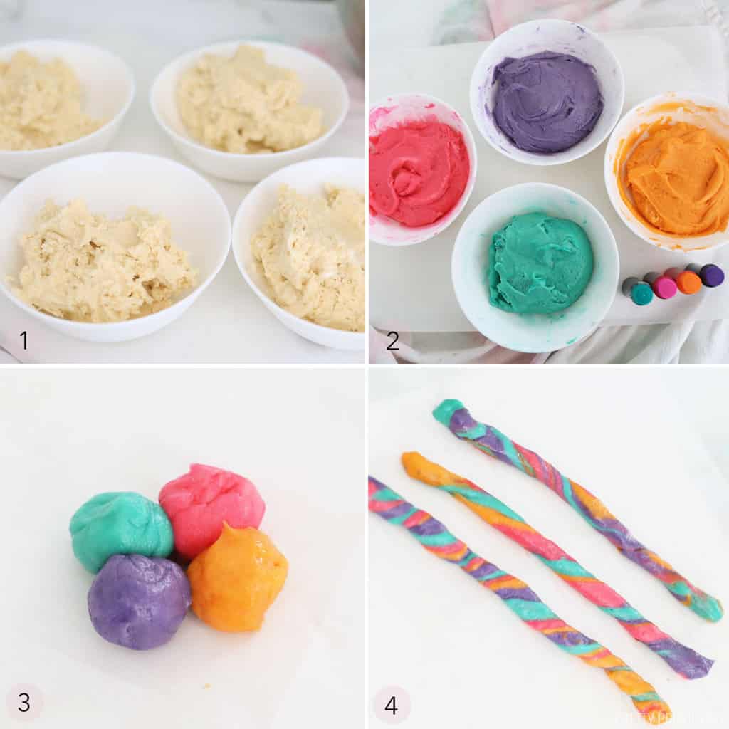 collage: steps to making neon colored cookie dough with food coloring