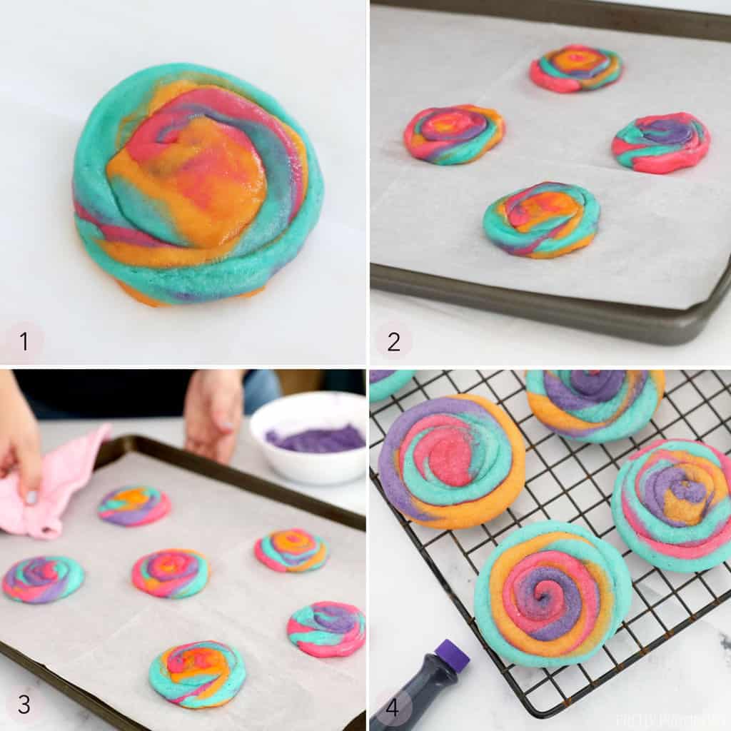 collage: tie dye cookie dough rolled up, cookies on cookie sheet, and cookies after baking