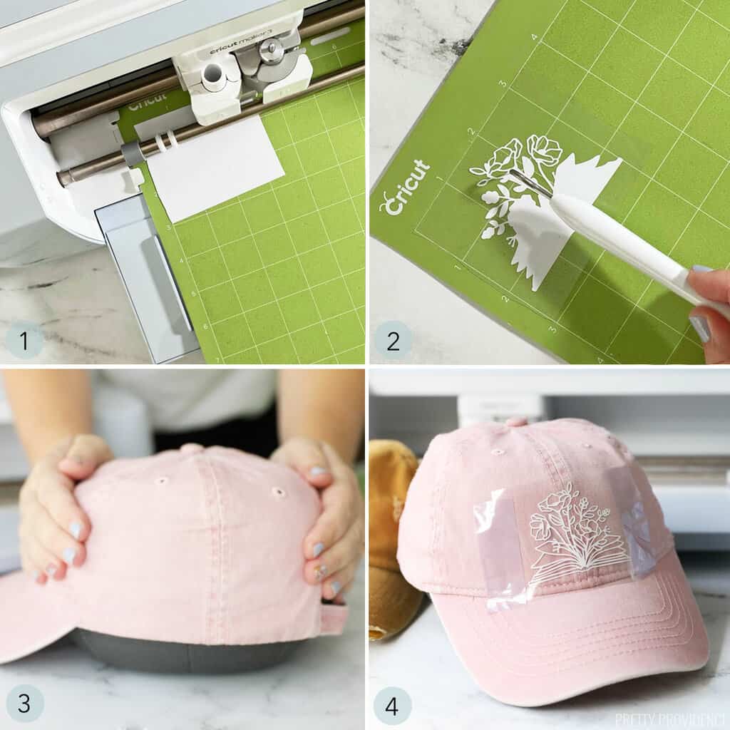 Collage of steps for putting iron-on designs onto a hat with cricut