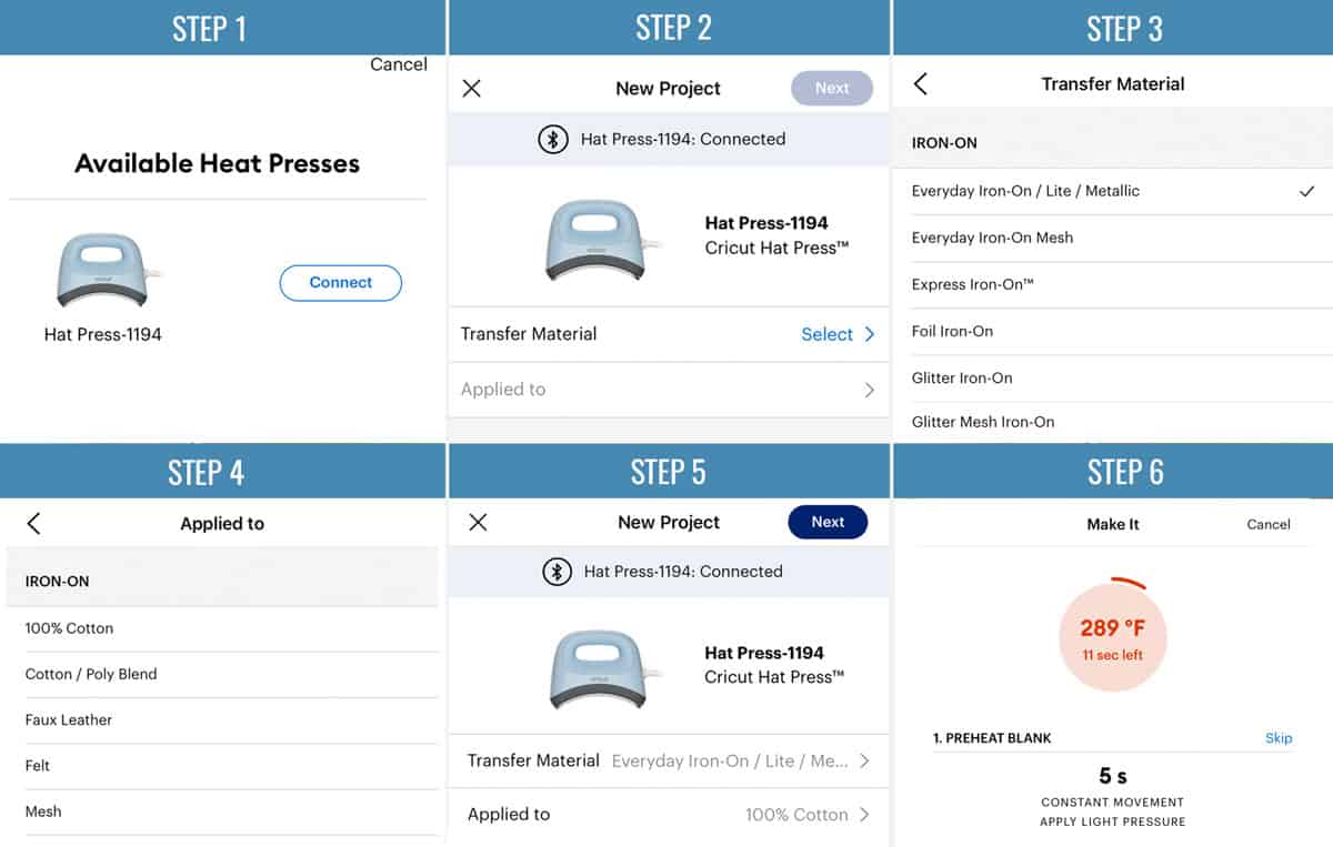 Cricut Heat app screen shots, showing the steps to choosing settings for a Cricut hat press