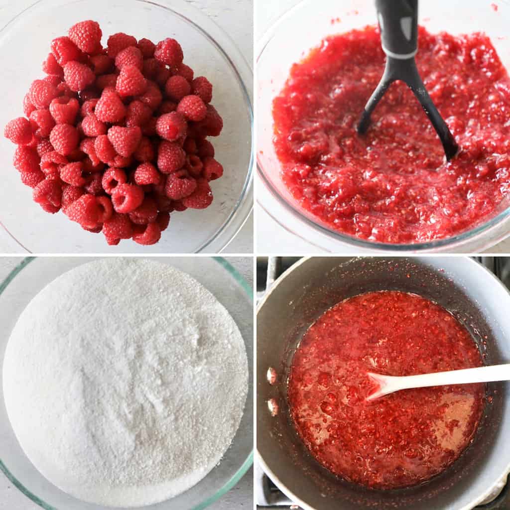 step by step photo collage of how to make homemade raspberry jam