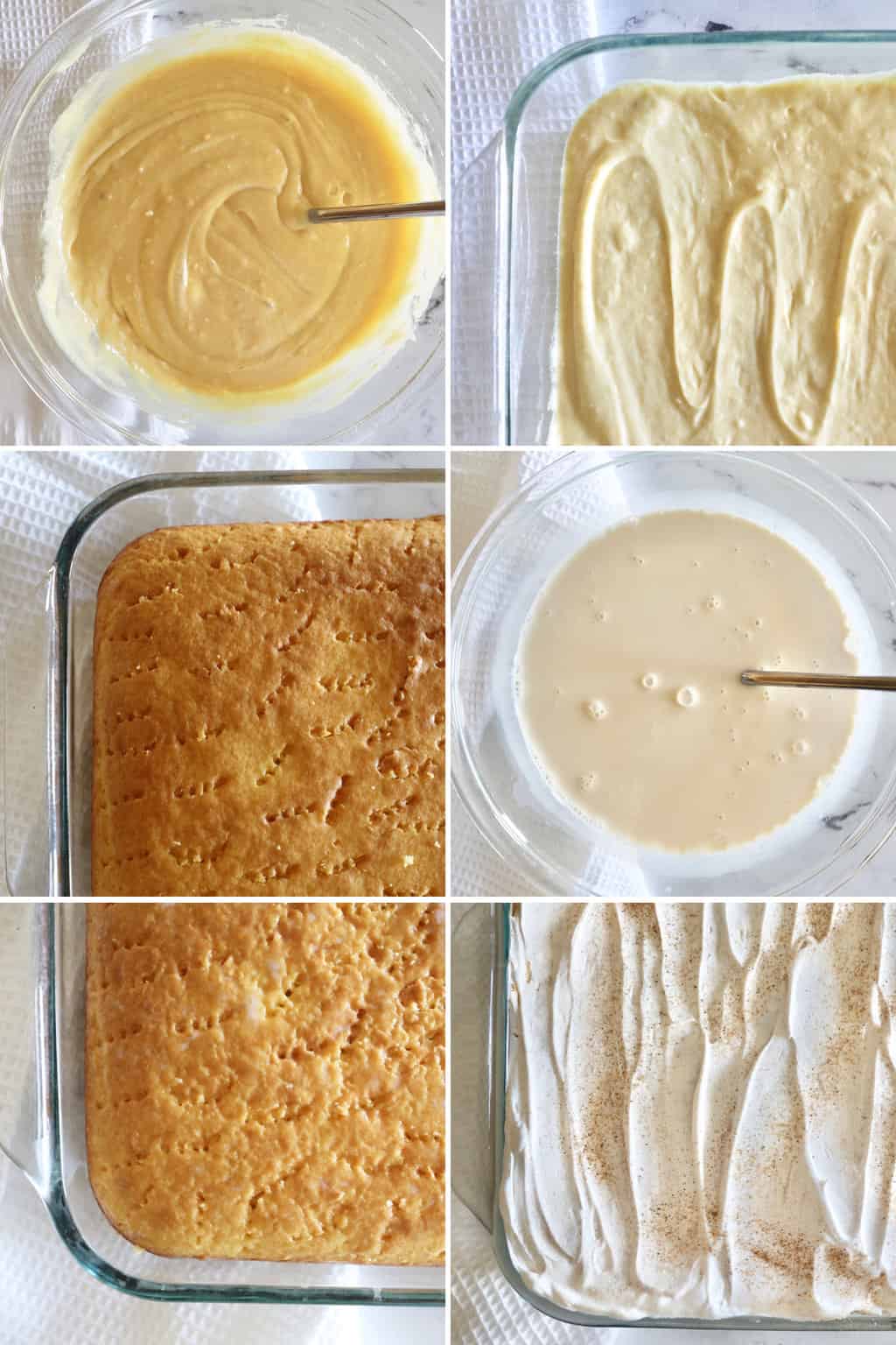 A photo collage showing steps for how to make tres leches cake using a boxed cake mix. 