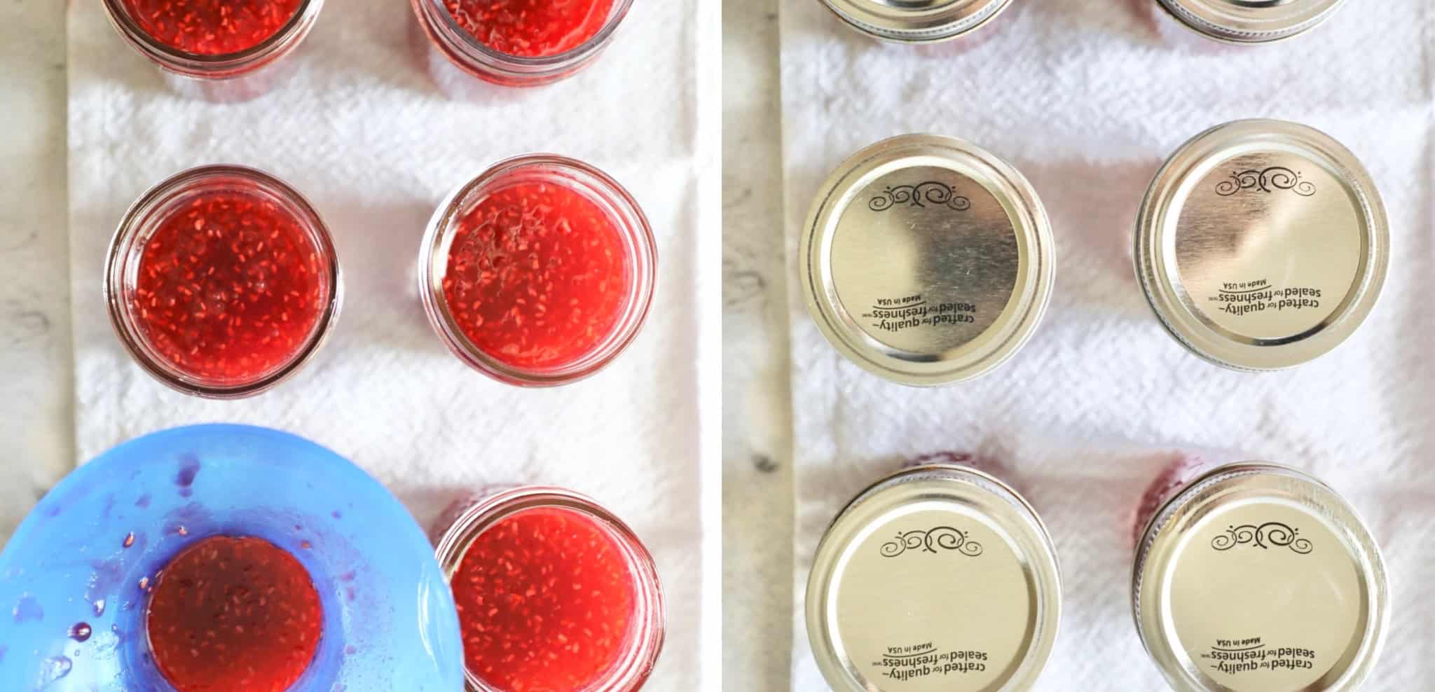 image of small mason jars being filled with jam using a funnel