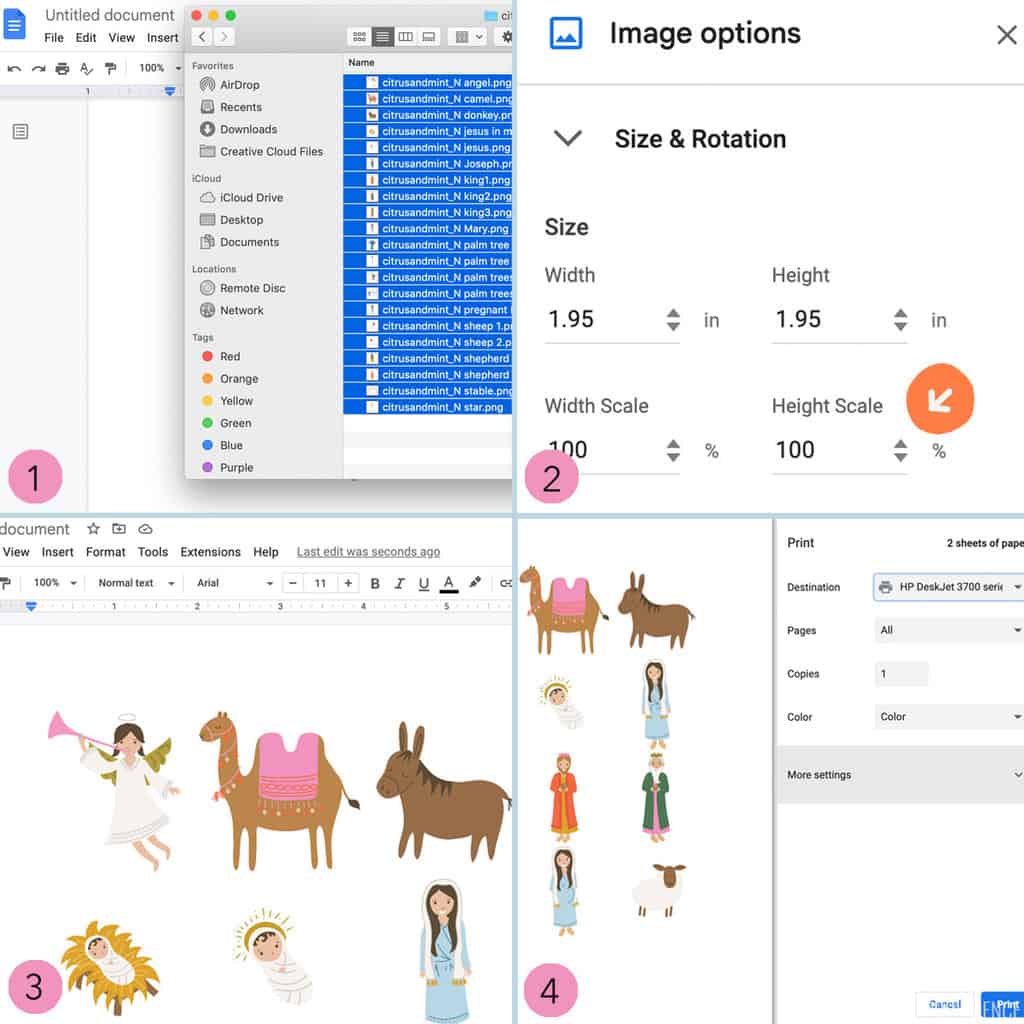 Collage with steps to pull clipart into Google docs.