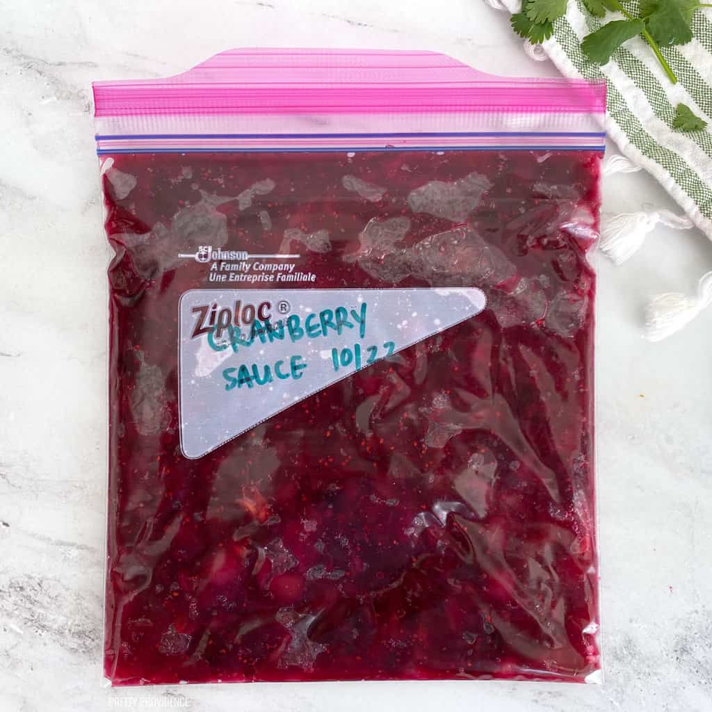 cranberry sauce in a ziploc bag with label and date on it.