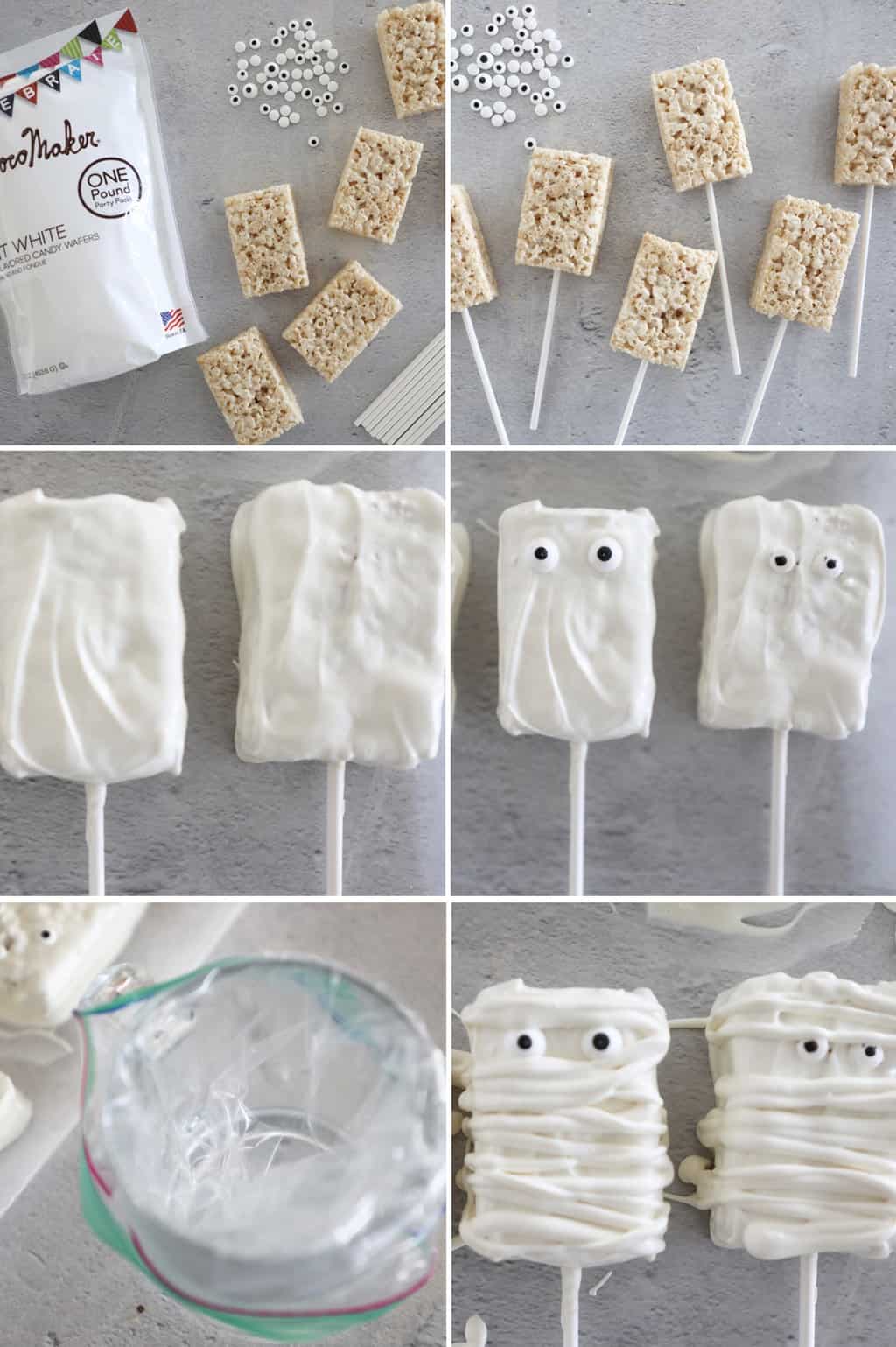 Six images combined showing steps for making Rice Krispie treat mummies.