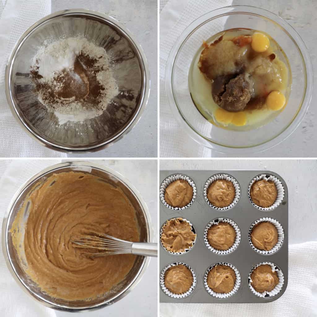 Step by step photo collage showing how to make pumpkin muffins. 