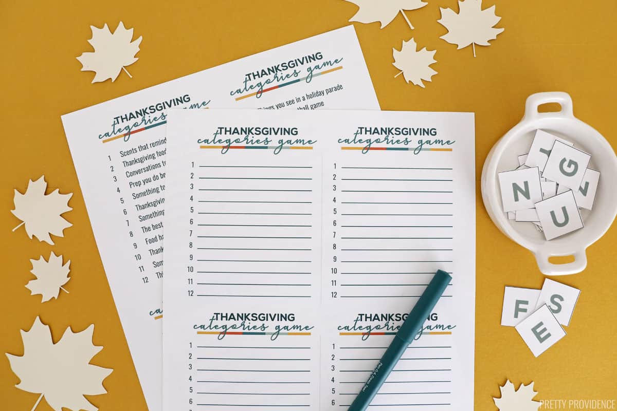 thanksgiving scattergories game printed on white paper, laying on yellow background.