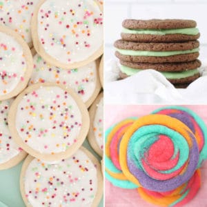Unique cookie recipes collage - sugar cookies, tie dye cookies and mint chocolate cookies.