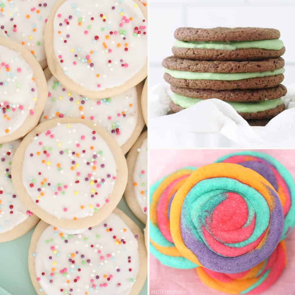 Unique cookie recipes collage - sugar cookies, tie dye cookies and mint chocolate cookies
