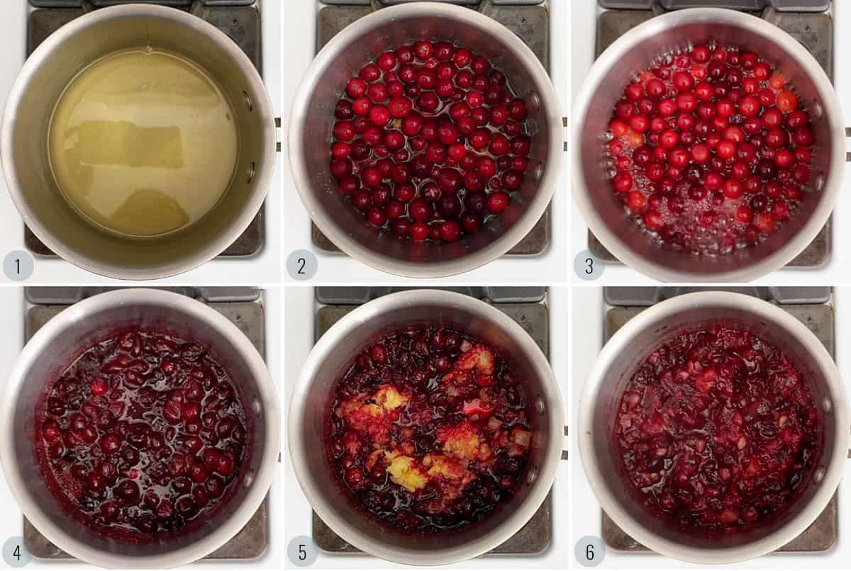 Step by step collage of cooking whole berry cranberry sauce.
