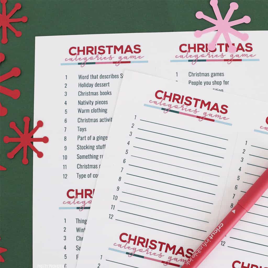 Christmas Scattergories game close-up with a red pen.