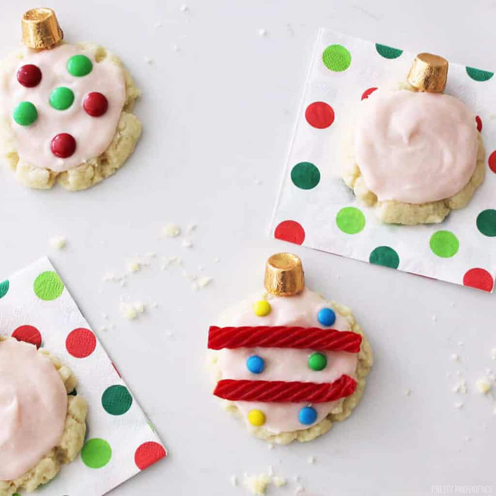 Christmas ornament cookies with m&ms and licorice deccorations