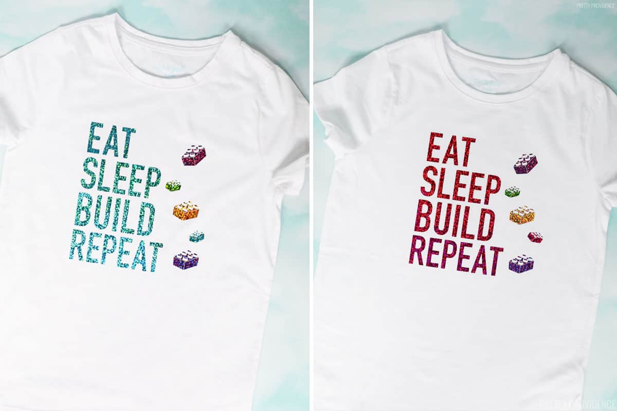 two white t-shirts with the same design, sparkly iron-on that says "eat, sleep, build, repeat" with lego pieces.